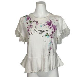 Cinq A Sept 5a7 L'amour Toujours Tee Shirt XS/S Peplum Short Sleeve Lace Floral
